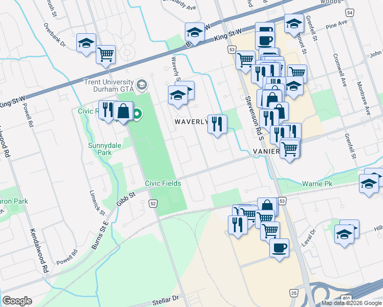 map of restaurants, bars, coffee shops, grocery stores, and more near 225 Barkley Crescent in Oshawa