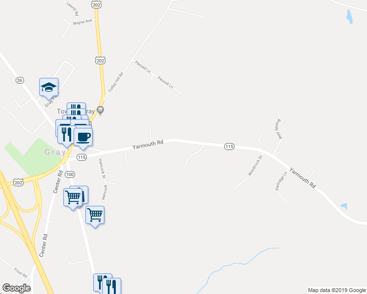 map of restaurants, bars, coffee shops, grocery stores, and more near 54 Yarmouth Road in Gray