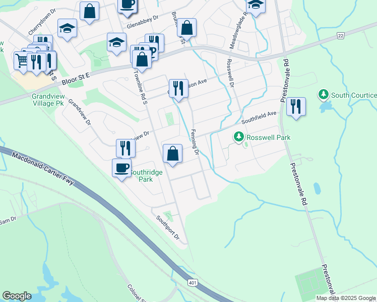 map of restaurants, bars, coffee shops, grocery stores, and more near 19 Staples Avenue in Courtice