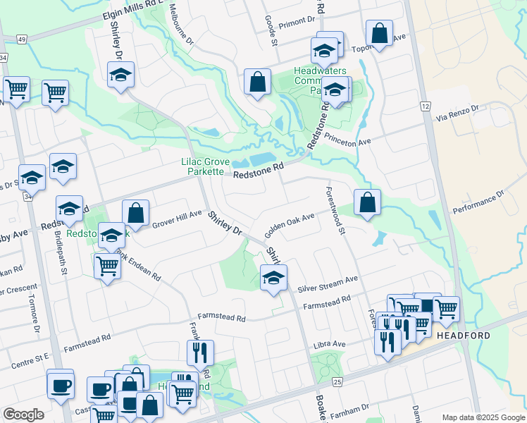 map of restaurants, bars, coffee shops, grocery stores, and more near Peninsula Crescent in Richmond Hill