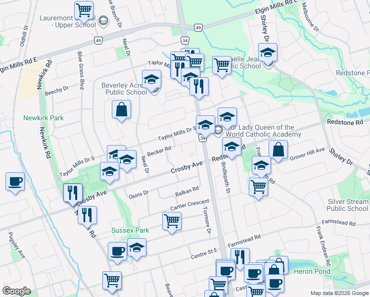 map of restaurants, bars, coffee shops, grocery stores, and more near 442 Bonita Crescent in Richmond Hill