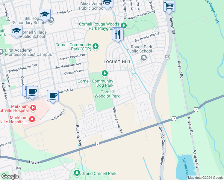 map of restaurants, bars, coffee shops, grocery stores, and more near 275 William Forster Road in Markham