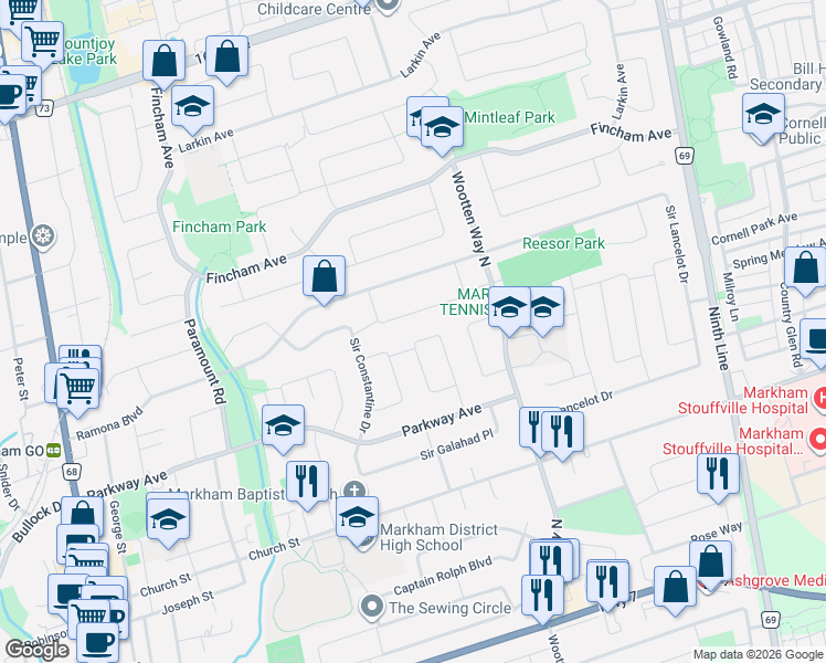 map of restaurants, bars, coffee shops, grocery stores, and more near 37 Sir Bodwin Place in Markham