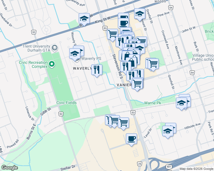 map of restaurants, bars, coffee shops, grocery stores, and more near 247 Cabot Street in Oshawa