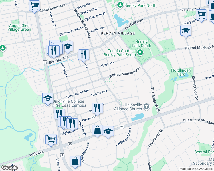 map of restaurants, bars, coffee shops, grocery stores, and more near William Berczy Boulevard in Markham
