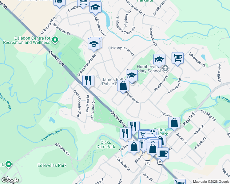 map of restaurants, bars, coffee shops, grocery stores, and more near 34 Wright Crescent in Caledon Village