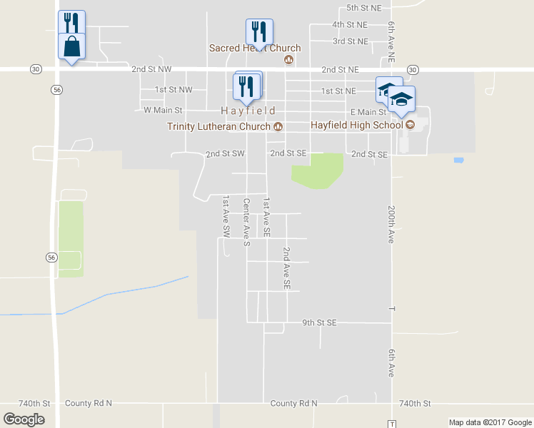map of restaurants, bars, coffee shops, grocery stores, and more near 498 1st Avenue Southeast in Hayfield