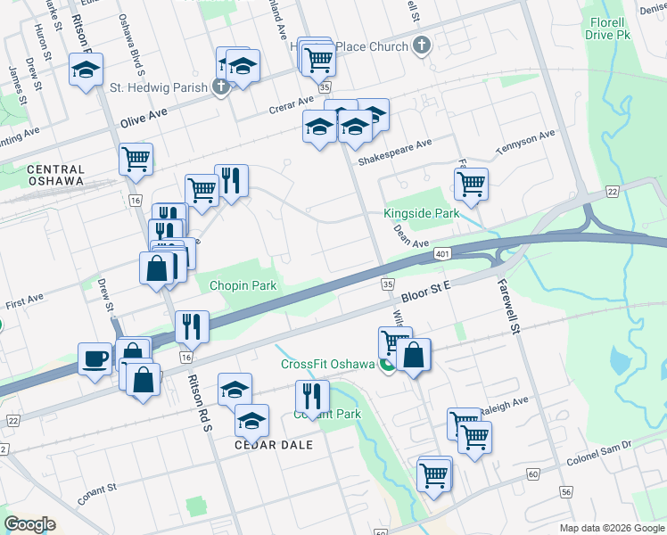 map of restaurants, bars, coffee shops, grocery stores, and more near 486 Sterling Avenue in Oshawa