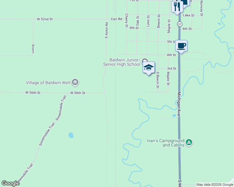 map of restaurants, bars, coffee shops, grocery stores, and more near 3467 West 56th Street in Baldwin