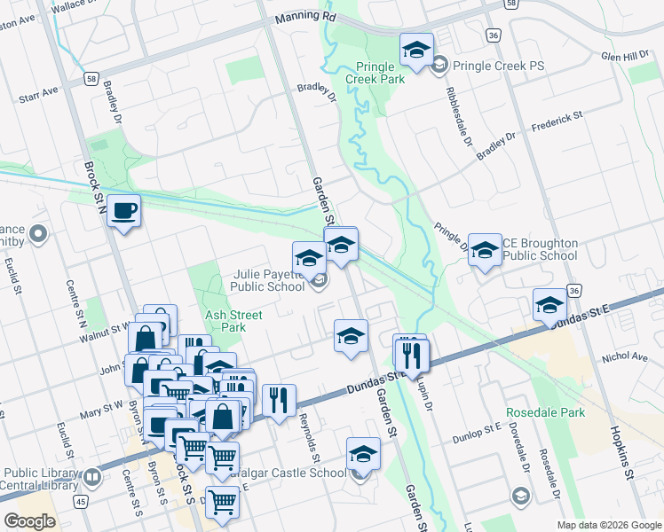 map of restaurants, bars, coffee shops, grocery stores, and more near in Whitby
