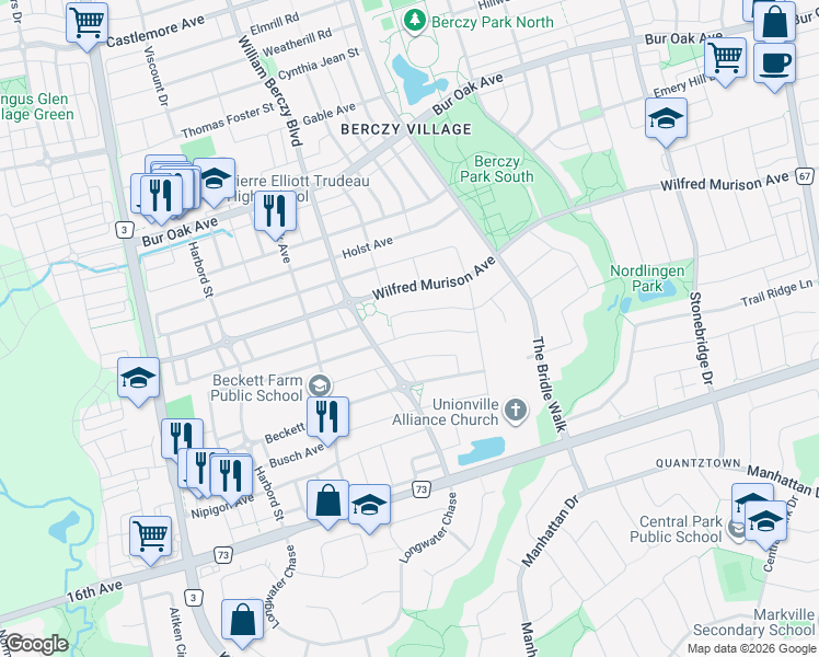 map of restaurants, bars, coffee shops, grocery stores, and more near 50 Foshan Avenue in Markham