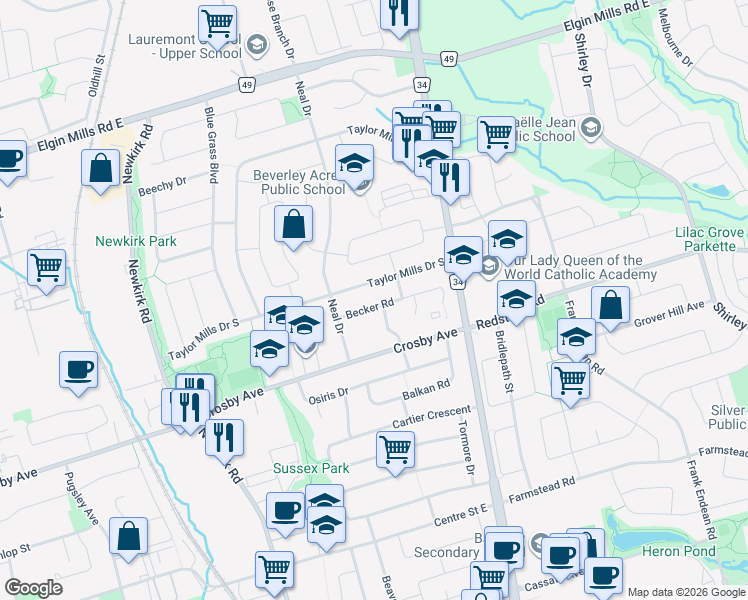 map of restaurants, bars, coffee shops, grocery stores, and more near in Richmond Hill
