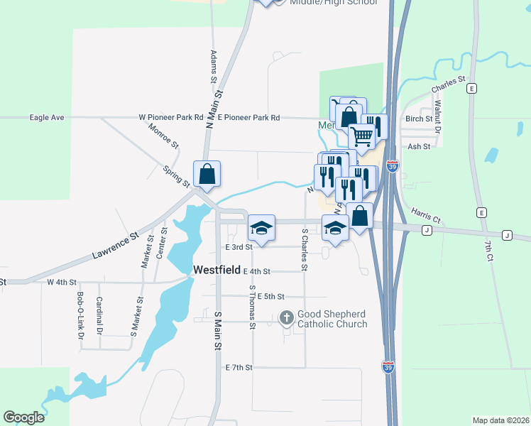 map of restaurants, bars, coffee shops, grocery stores, and more near 228 East 2nd Street in Westfield