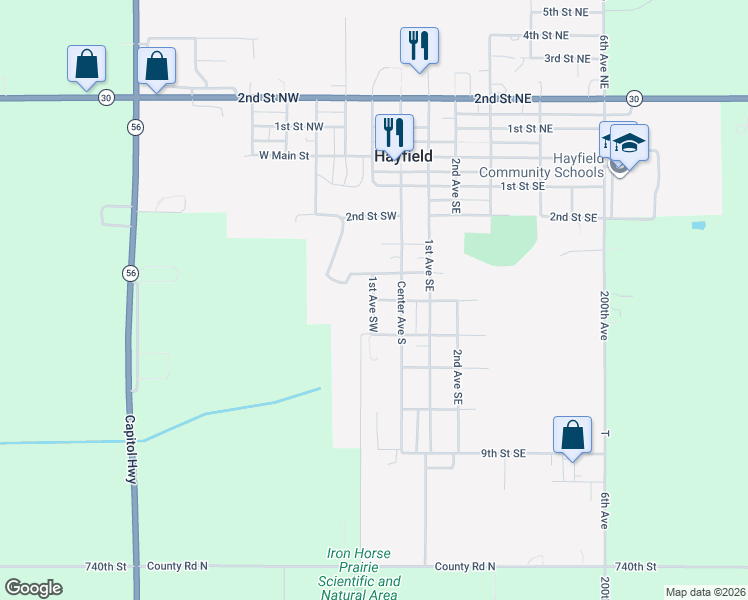 map of restaurants, bars, coffee shops, grocery stores, and more near 507 1st Avenue Southwest in Hayfield