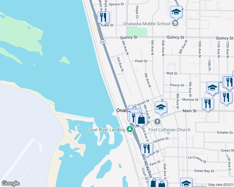 map of restaurants, bars, coffee shops, grocery stores, and more near 421 2nd Avenue North in Onalaska