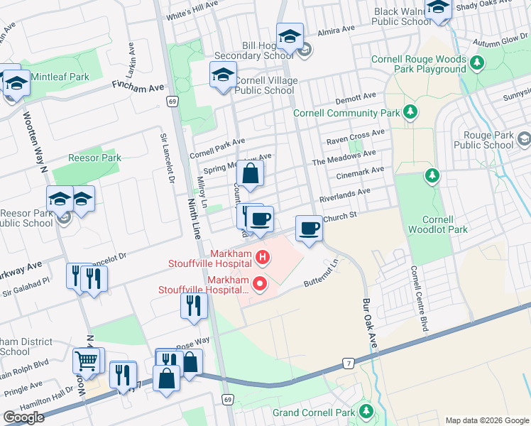 map of restaurants, bars, coffee shops, grocery stores, and more near 108 Riverlands Avenue in Markham