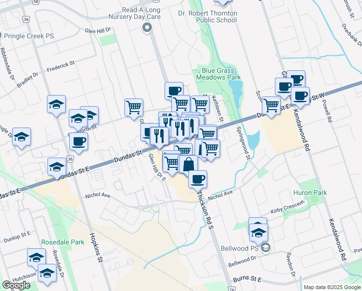 map of restaurants, bars, coffee shops, grocery stores, and more near 1545 Dundas Street East in Whitby