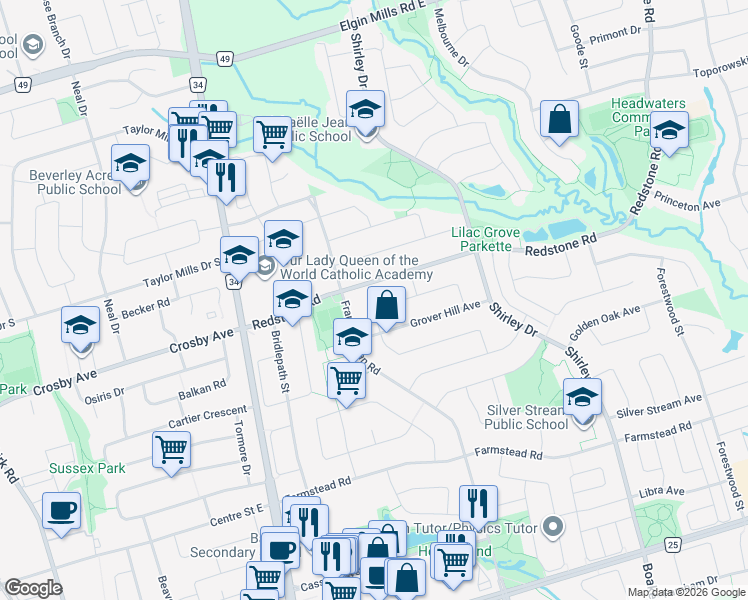 map of restaurants, bars, coffee shops, grocery stores, and more near 20 Fortune Crescent in Richmond Hill