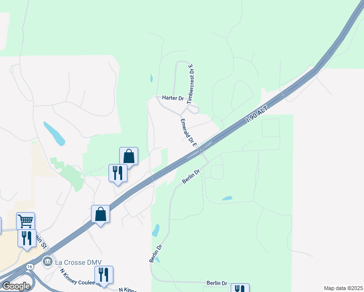 map of restaurants, bars, coffee shops, grocery stores, and more near 3800 Emerald Drive East in Onalaska