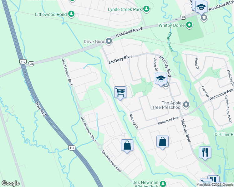 map of restaurants, bars, coffee shops, grocery stores, and more near 60 Mackey Drive in Whitby