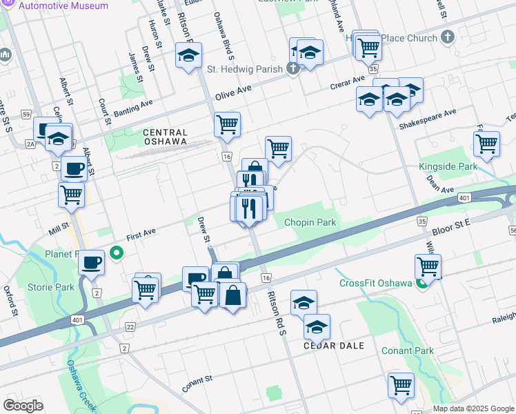 map of restaurants, bars, coffee shops, grocery stores, and more near 299 Monash Avenue in Oshawa