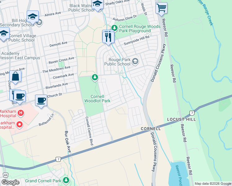 map of restaurants, bars, coffee shops, grocery stores, and more near 47 Red Brick Road in Markham