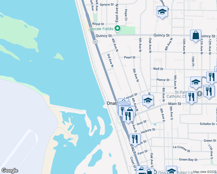 map of restaurants, bars, coffee shops, grocery stores, and more near 421 2nd Avenue North in Onalaska