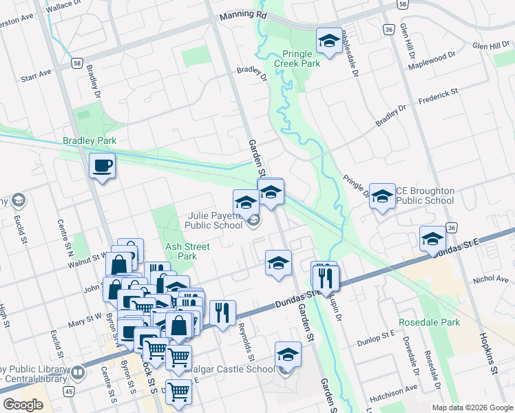 map of restaurants, bars, coffee shops, grocery stores, and more near 13 Jerseyville Way in Whitby