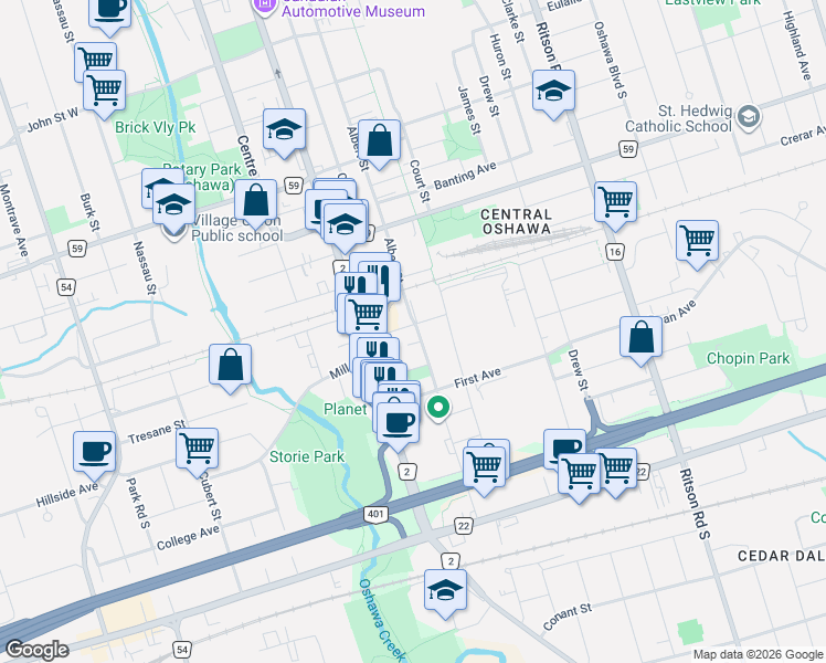 map of restaurants, bars, coffee shops, grocery stores, and more near 45 Albany Street in Oshawa