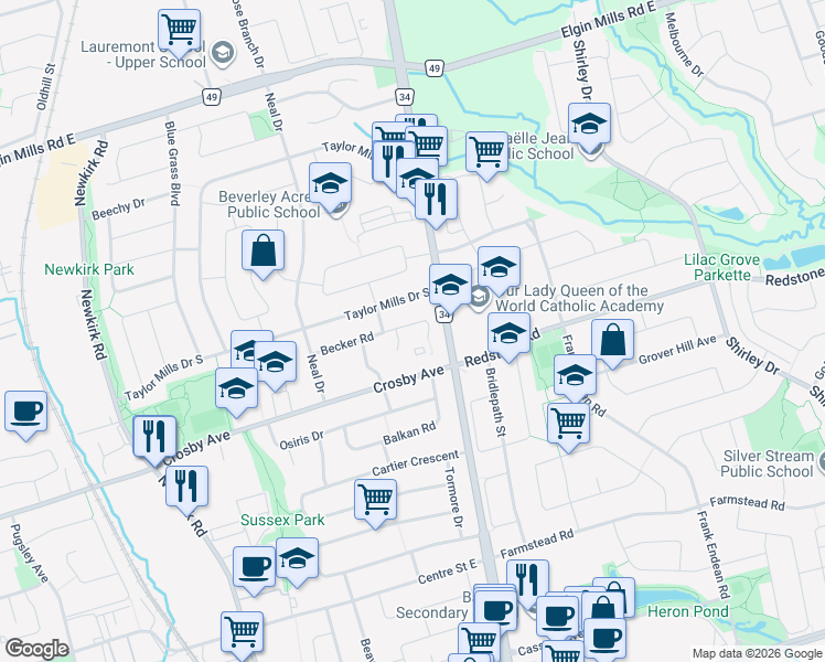 map of restaurants, bars, coffee shops, grocery stores, and more near 438 Becker Road in Richmond Hill