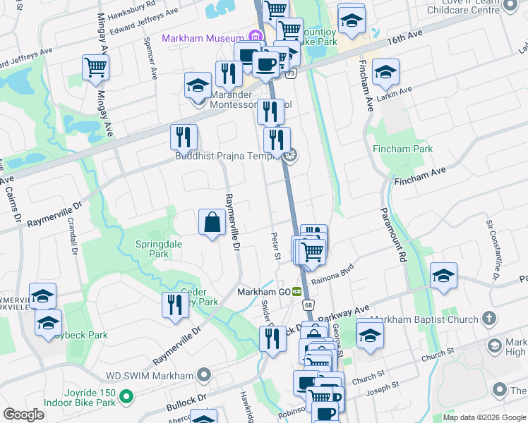 map of restaurants, bars, coffee shops, grocery stores, and more near 16 Springdale Street in Markham