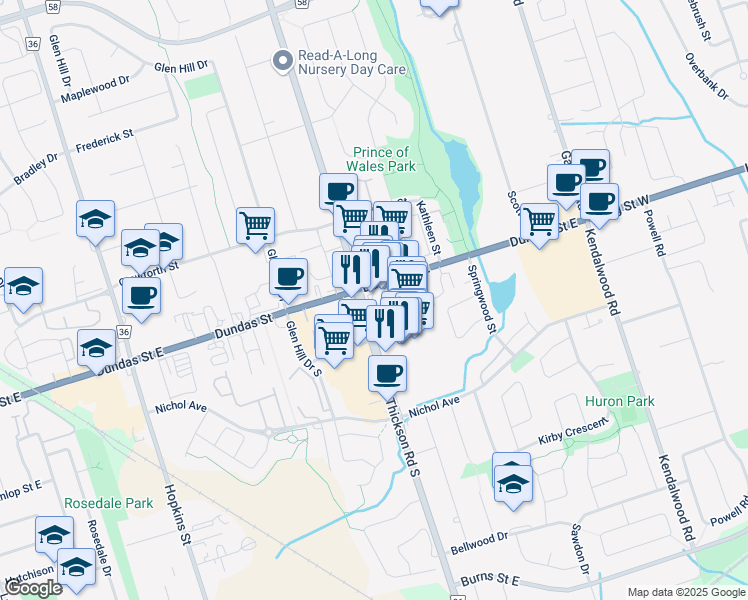 map of restaurants, bars, coffee shops, grocery stores, and more near 15 Thickson Road South in Whitby