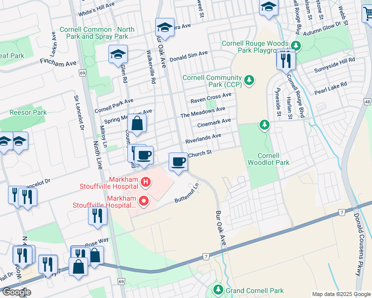 map of restaurants, bars, coffee shops, grocery stores, and more near in Markham