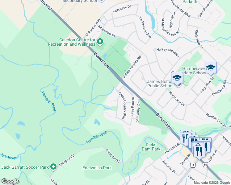 map of restaurants, bars, coffee shops, grocery stores, and more near 3 Cross Country Boulevard in Bolton