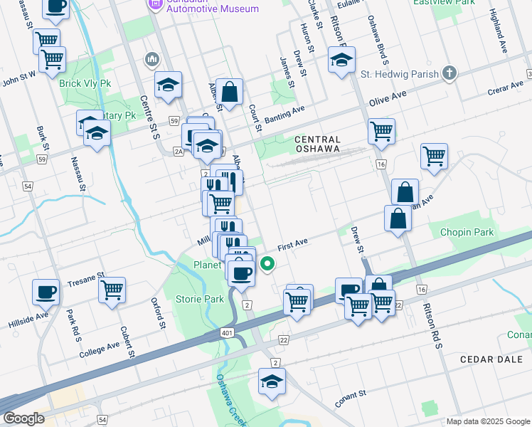 map of restaurants, bars, coffee shops, grocery stores, and more near 63 Albany Street in Oshawa