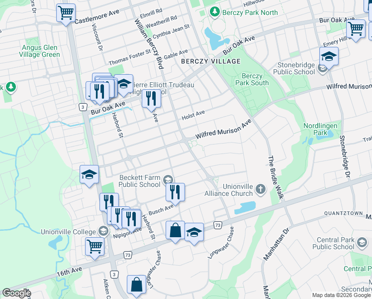 map of restaurants, bars, coffee shops, grocery stores, and more near 132 William Berczy Boulevard in Markham