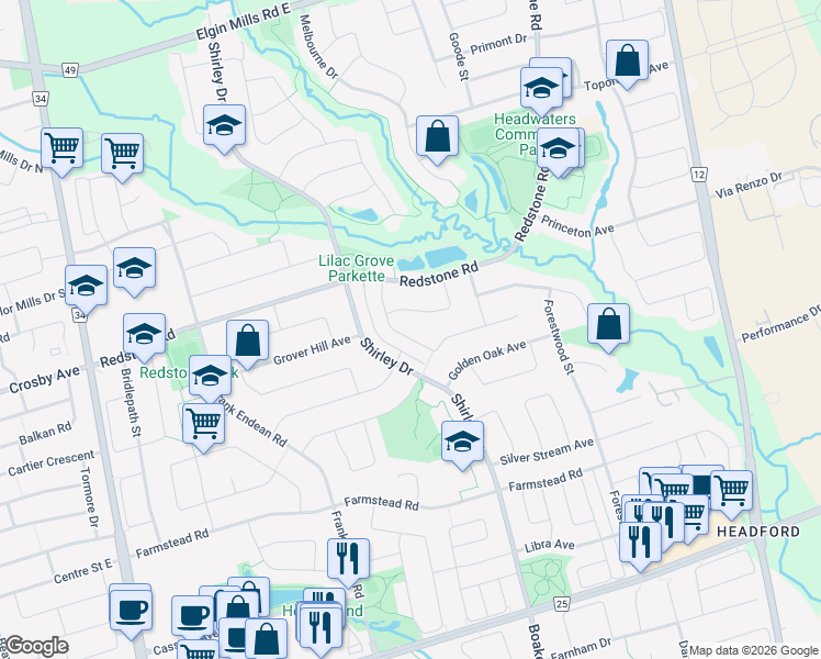 map of restaurants, bars, coffee shops, grocery stores, and more near 64 Peninsula Crescent in Richmond Hill
