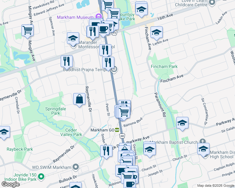 map of restaurants, bars, coffee shops, grocery stores, and more near 269 Main Street North in Markham