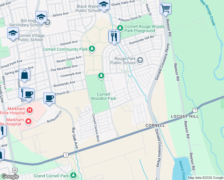 map of restaurants, bars, coffee shops, grocery stores, and more near 58 Harvest Field in Markham