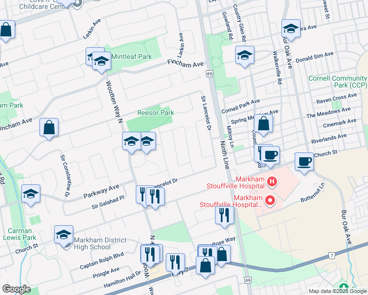 map of restaurants, bars, coffee shops, grocery stores, and more near 20 Sir Pellias Terrace in Markham