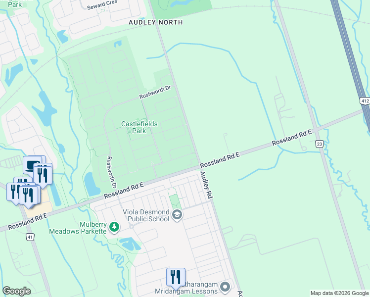 map of restaurants, bars, coffee shops, grocery stores, and more near 32 Whitlock Crescent in Ajax