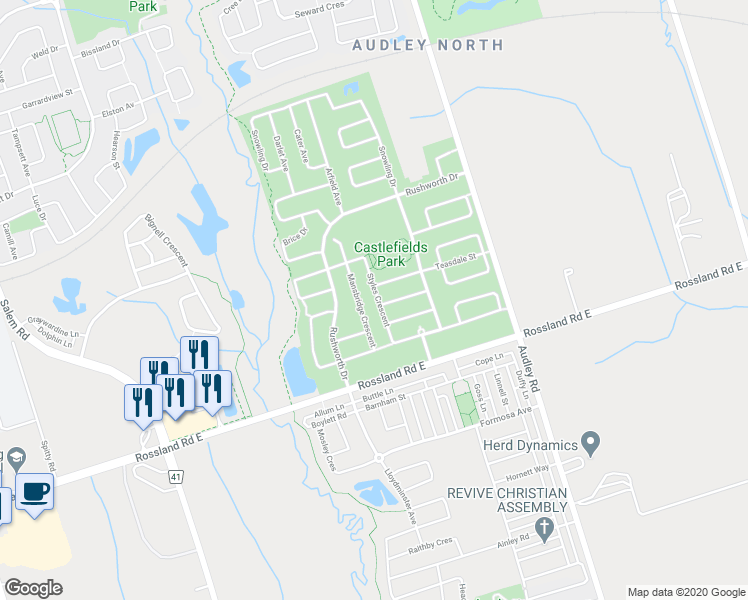 map of restaurants, bars, coffee shops, grocery stores, and more near 4 Salvage Street in Ajax