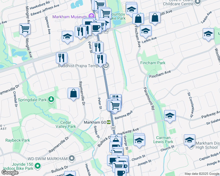 map of restaurants, bars, coffee shops, grocery stores, and more near in Markham
