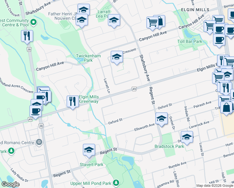 map of restaurants, bars, coffee shops, grocery stores, and more near 447 Elgin Mills Road West in Richmond Hill