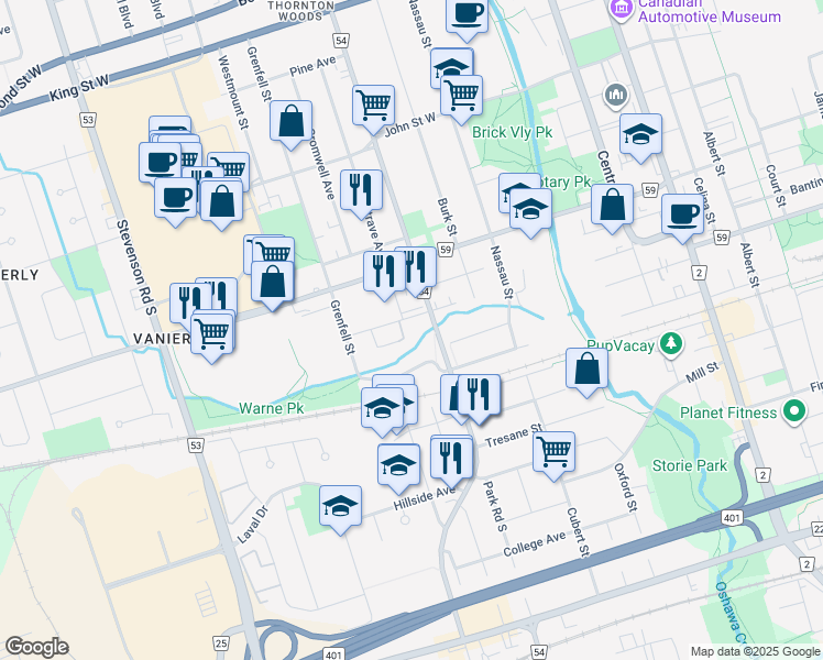 map of restaurants, bars, coffee shops, grocery stores, and more near 291 Marland Avenue in Oshawa