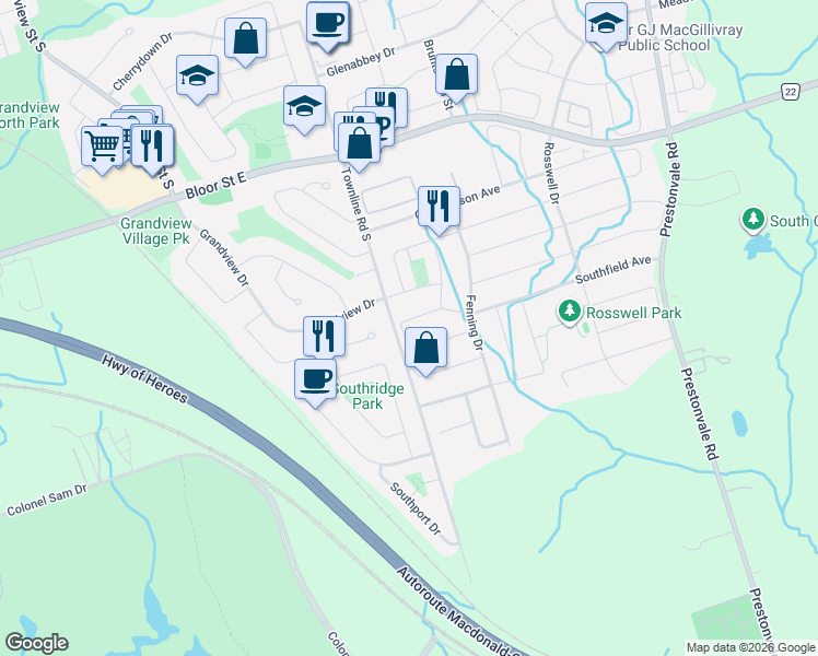 map of restaurants, bars, coffee shops, grocery stores, and more near 116 Cornish Drive in Courtice