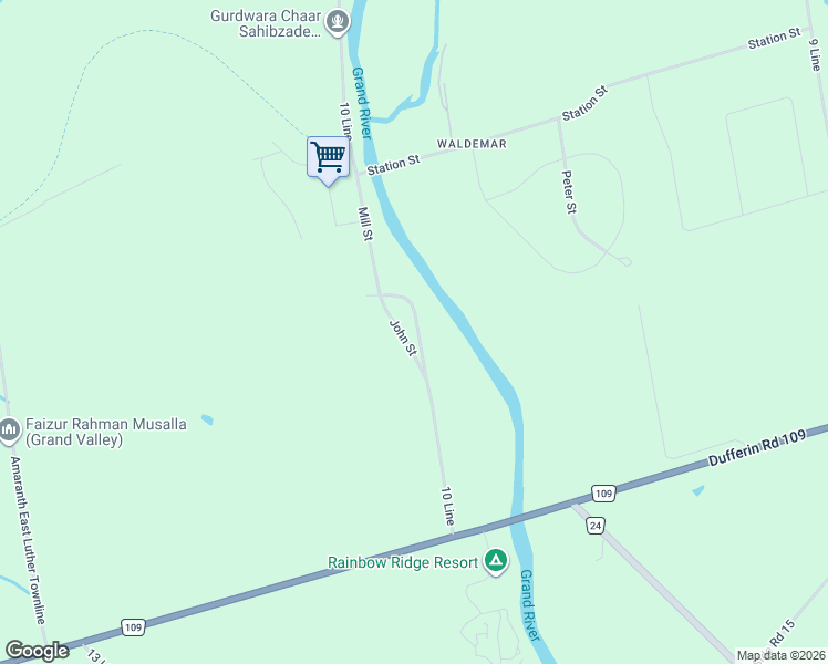 map of restaurants, bars, coffee shops, grocery stores, and more near 5 Church Street in Dufferin County