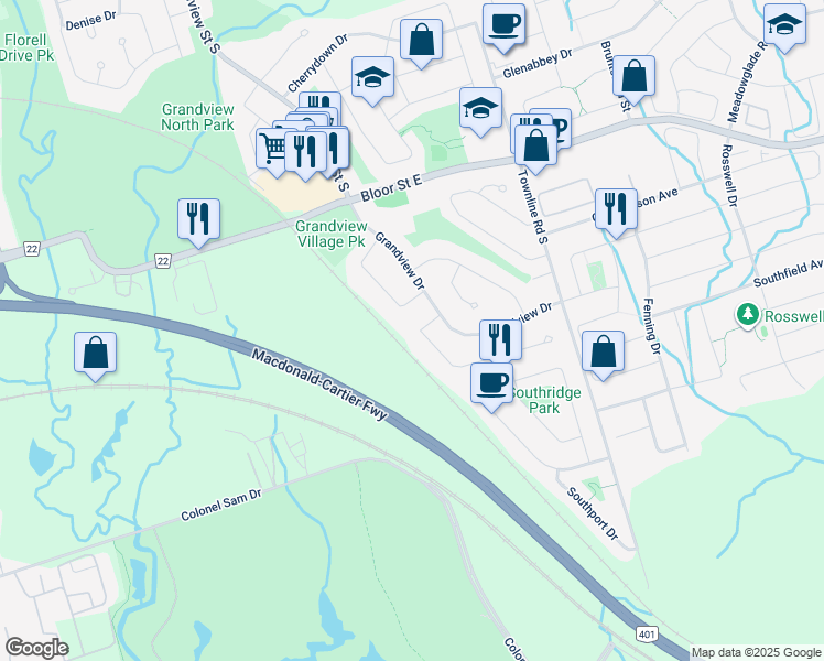 map of restaurants, bars, coffee shops, grocery stores, and more near 758 Downview Crescent in Oshawa