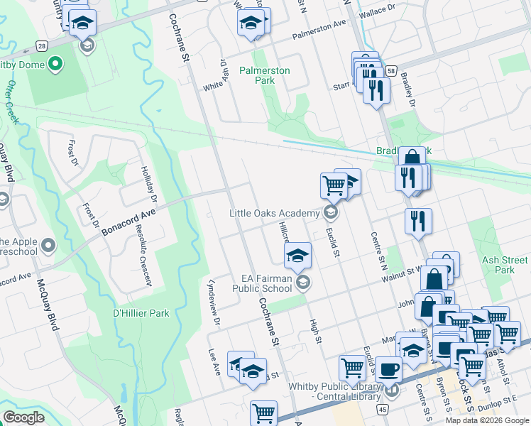 map of restaurants, bars, coffee shops, grocery stores, and more near 409 Harris Street in Whitby