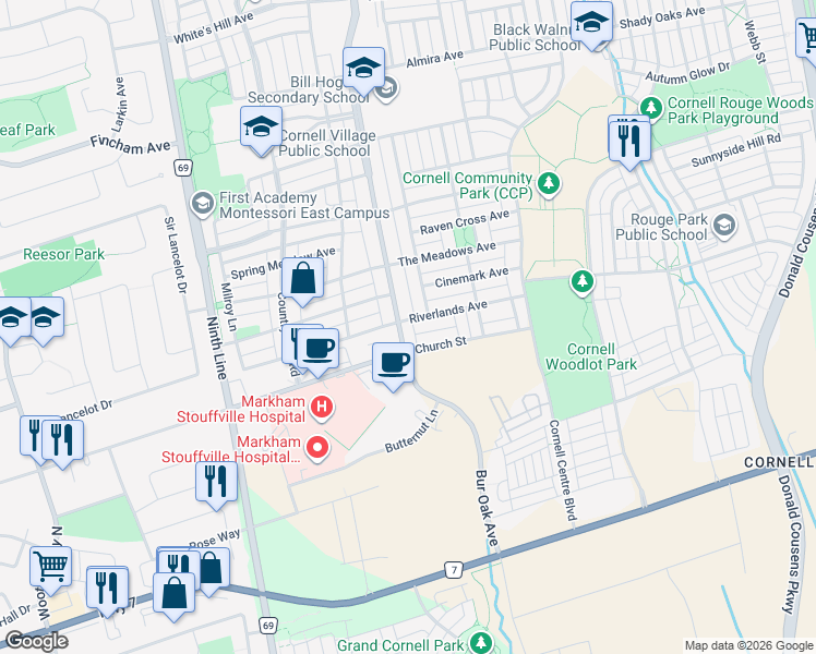 map of restaurants, bars, coffee shops, grocery stores, and more near 3026 Bur Oak Avenue in Markham